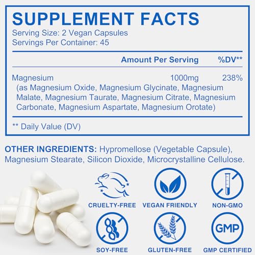 Image of Magnesium Complex Supplement 1000mg with Magnesium Glycinate, Citrate & Malate, Supports Muscle Relaxation, Sleep & Energy, Non-GMO, Gluten Free, Vegan 90 Capsules