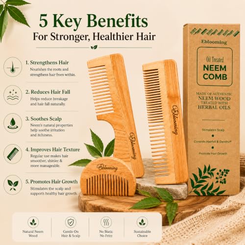 Image of Neem Wooden Comb Set | Dual Tooth Hair Comb, Handle Comb & Beard Comb Combo for Women & Men | Wooden Detangling & Grooming Comb Set | Smooth Rounded Teeth | Pack of 3