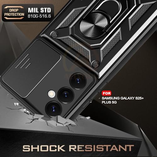 Image of Armor Bumper Back Cover Case for Samsung Galaxy s25 Plus 5g Rotating Camera Cover, Ring Holder & Kickstand | Heavy Duty & 360 Degree Protection Samsung Galaxy s25 Plus 5g Back Cover (Black)