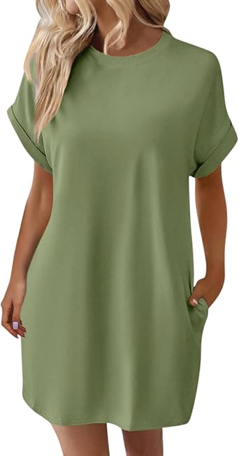 JSLOOO Summer Batwing Short Sleeve Midi Dresses for Womens Casual Crew Neck Loose Tunic T Shirt Dress with Pockets