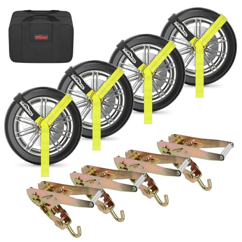 Autofonder Tire Tie Down Straps with Swivel J Hook-10,000lbs Break Strength-2" x 10ft Heavy Duty Wheel Straps for Car,Trailer, SUV-4 Pack Side by Side Tie Downs with Storage Bag