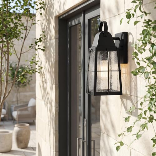 Image of Kichler Tolerand 12 inch Outdoor Wall Light in Textured Black, 1-Light Exterior Wall Sconce Porch Light with Clear Seeded Glass, (12 inch H x 5.75 inch W), 49552BKT