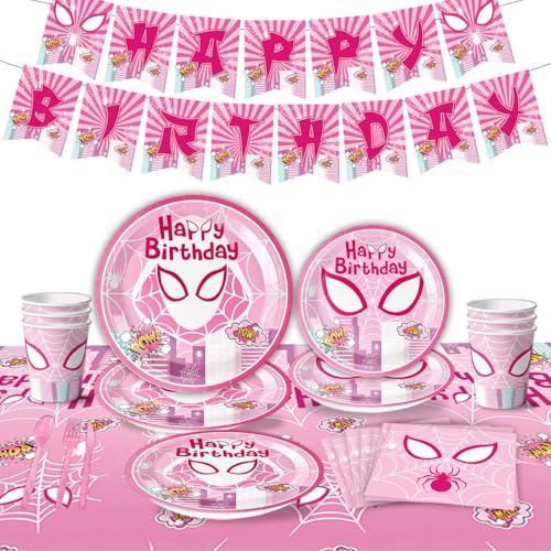 Girls Pink Spider Birthday Party Decor Tableware Set, Girls Princess Kids Baby Shower Party Supplies Decoration with Happy Birthday Banner Paper Plates Cups Napkins Tablecloths For 10 Guests