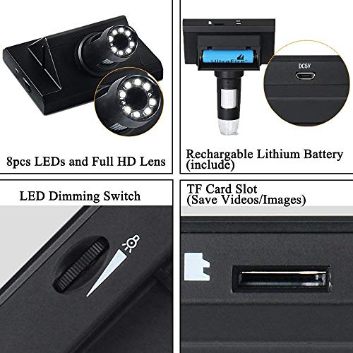 Jiusion 4.3inch Screen Full Color LCD Digital USB Microscope with 16G Micro SD Card, 10X - 500X Magnification Zoom Camera 1920X1080P Video Recording/Saving, PCB Coins Magnify for Windows, Mac