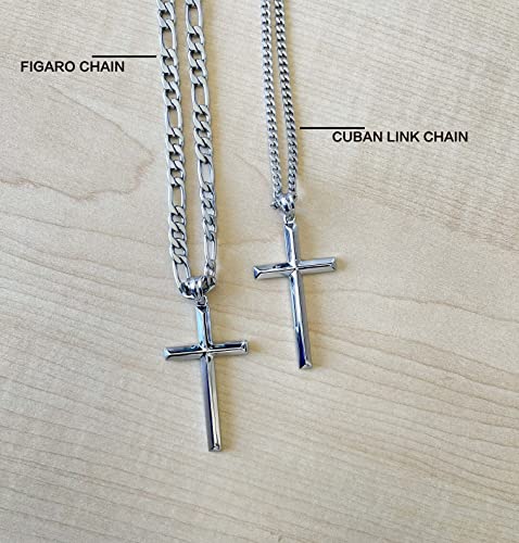14K White Gold FIGARO Chain CUBAN LINK Style Cross Pendant Necklace Solid plated Clasp for Men, Husband Father Miami Cuban Link Diamond Cut Religious Beveled Edge4