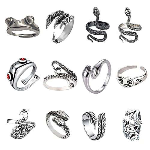 PhoenixDN 12 Pièces Ensemble de bagues Gothiques Vintage, Bagues Vintage Punk, Cool Gothique Grenouille Dragon Serpent Anneau Ensemble de Bijoux Cadeau, Bague Ouverte Cover