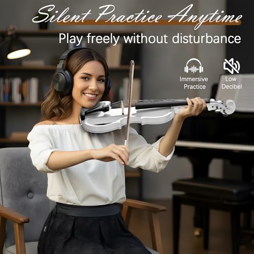 Image of Electric Violin 4 /4 Kit,Full Size Beginner Violin for Adults,Students,with Case,Bow, Headphones,and Connecting Line,White