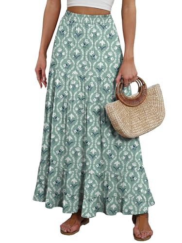 Image of ANRABESS Womens Maxi Skirt Elastic High Waist Swing Tiered A-line Flowy Pleated Boho Beach Vacation Long Skirts