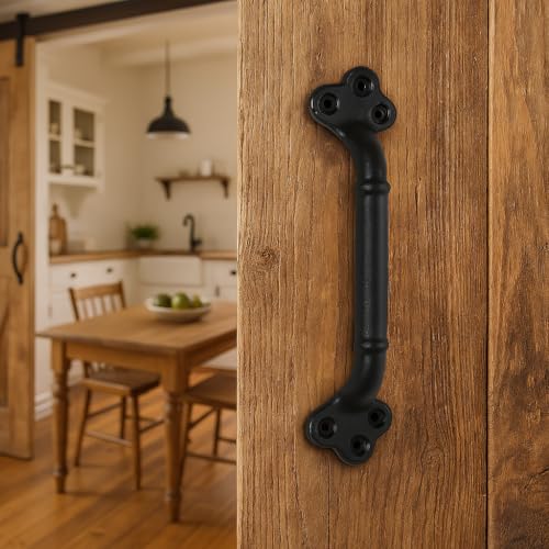 Image of 2-Pack 9 Inch Clover Barn Door Handle - Black Cast Iron Pull for Sliding Doors, Gates, Sheds, Fences, Closets - Indoor Outdoor Farmhouse Hardware