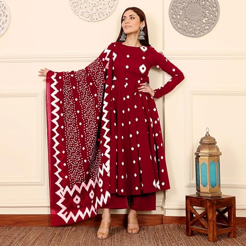 Image of ANNI Designer | Rayon Anarkali Printed Kurta with Pant & Dupatta | Cotton Kurta Set for Women | Stylish Co-Ord Set with Dupatta Ethnic Dress for Women