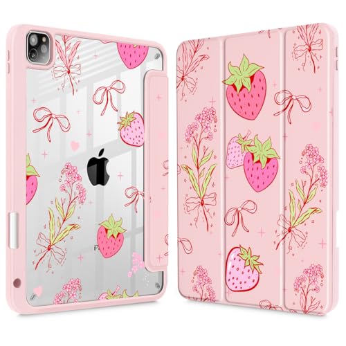May Chen Case for iPad 12.9 Inch M2 (6th/5th/4th/3rd Generation, 2022/2021/2020/2018), [Penceil Holder] Trifold Stand Auto Wake/Sleep Clear TPU Protection Back Cover, Strawberry Bow
