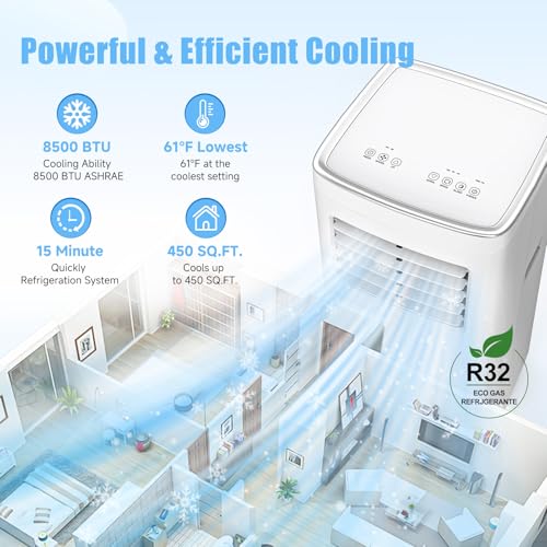 Image of Portable Air Conditioners, 3-in-1 8500 BTU Cooling Unit with Fan & Dehumidifier for Room, Quiet Operation, Cools up to 450 sq.ft, Complete Window Installation Kit for Home Office