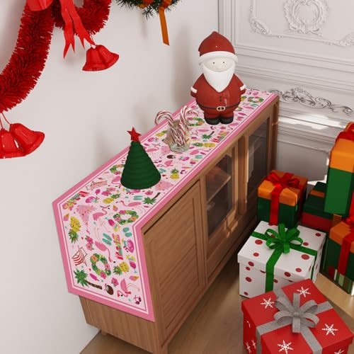 Jiudungs Linen Pink Christmas July Table Runner 72 Inches Long Christmas Tree Flamingo Pineapple Watermenlon Tablecloth Summer Christmas Table Decorations thumb #4