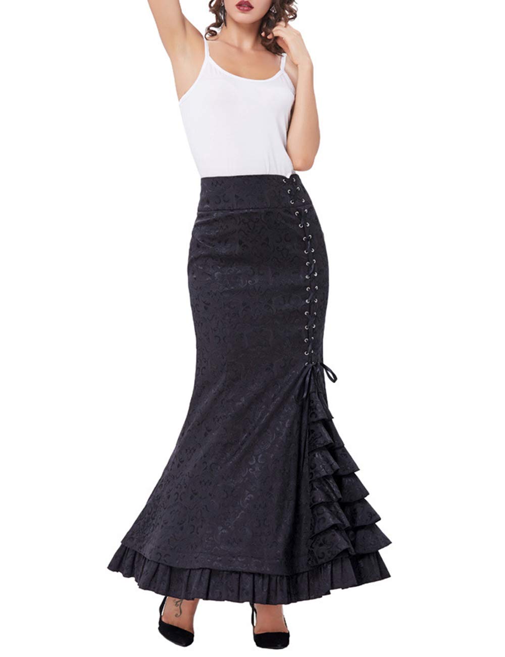 Women's Steampunk Retro Gothic Long Skirt Vintage Medieval High Waisted Side Lace up Ruffled Fishtail Skirt Victorian Dress