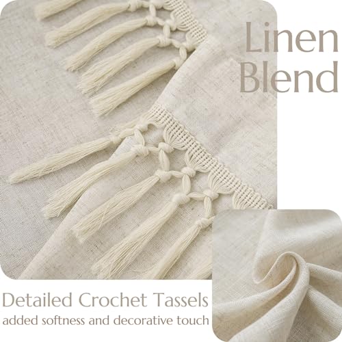 jinchan Linen Kitchen Curtain with Tassels 24 Inch Boho Tier Curtain Beige Farmhouse Cafe Light Filtering Small Window Drape for Bathroom Laundry Room RV Rod Pocket Back Tab 1 Panel Crude