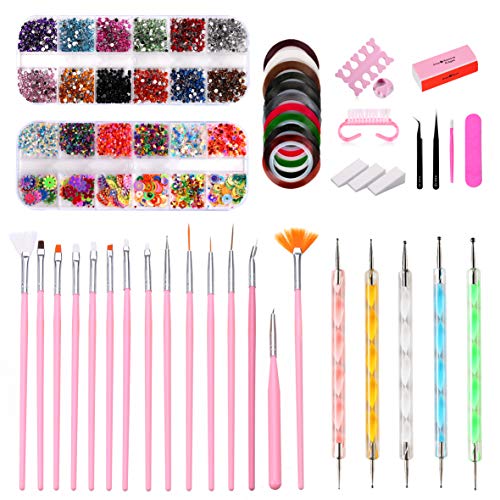 43PCS Nail Art Kit,Professional 3D Nail Art Supplies with Glitter Nail Rhinestones,Nail Art Brushes,Nail Dotting Pen,Nail Striping Tapes,Nail Polishing,DIY Tools Set For Girls Nail Decoration Manicure