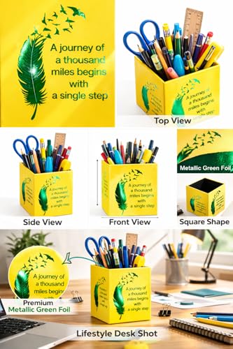 Image of Sumiko motivational Pen Stand holder Size: 4 x 2.75 inch | Desk Organizer Pen Pencil Holder for Office and Home Decor (Yellow and green)