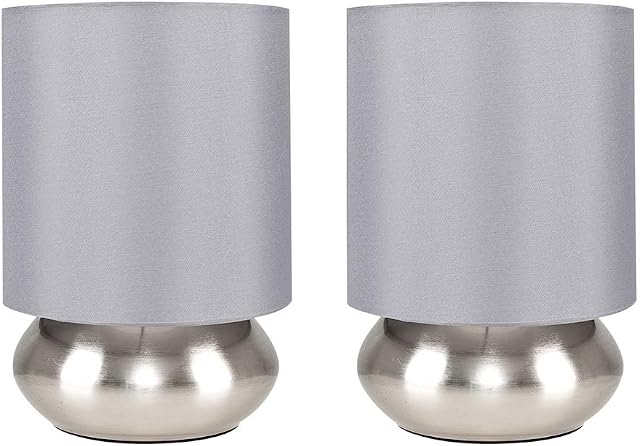 Pair of - Modern Chrome Touch Table Lamps with Grey Shades - Complete with 5w LED Dimmable Candle Bulbs [3000K Warm White]