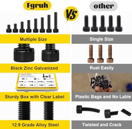 Fgruh 750PCS M3 Screws Assortment Kit, M3x6/8/10/12/16/20/25/30 mm Hex Socket Head Bolts, Nuts & Washers Assorted Set - 12.9 Alloy Steel Black Zinc Plated M3 Screw for 3D Printer,DIY - 5
