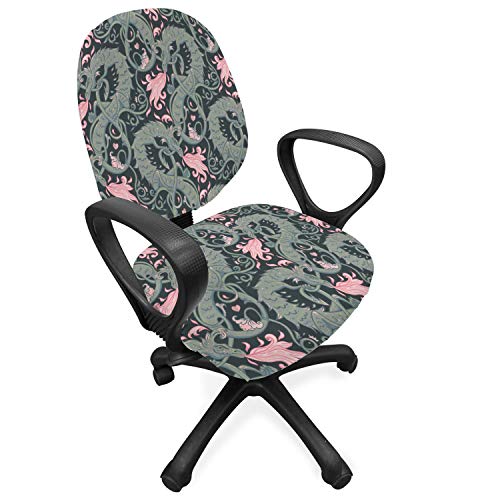 Lunarable Dragon Office Chair Slipcover, Spewing Pink Colored Fire Basilisk Among Heart Shapes Flowers Dragon, Protective Stretch Decorative Fabric Cover, Standard Size, Pink Charcoal