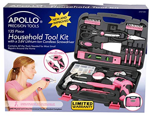 Pink Hand Tools Set for Home Use - Apollo Tools 135 Piece Set