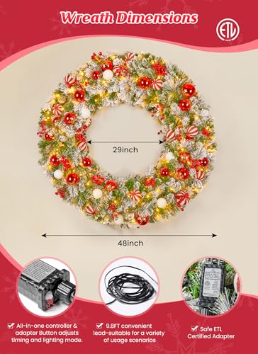 Image of Minetom 48-inch Large Christmas Wreath with Timer and Memory Function, Featuring 200 Warm White LED Lights, Christmas Balls, Pine Needles, for Doors, Walls and Mantels, Plug-in, Red&White