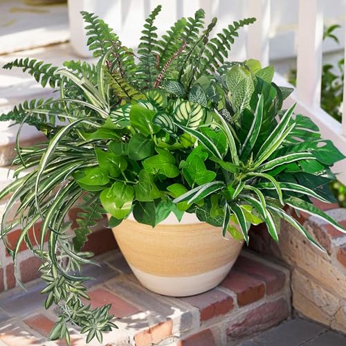 KAFDY Artificial Summer Plants Faux Greenery for Outdoor Porch Planter UV Resistant Fake Realistic Large Shrubs Bushes Green Filler for Outside Front Door Patio Decoration 8 Bundles