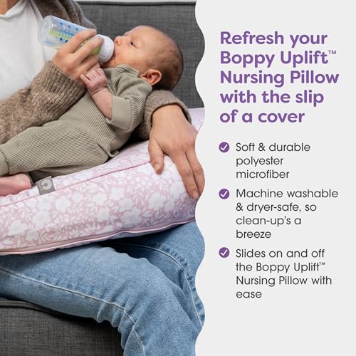 Image of Boppy Uplift Nursing Pillow Cover, Washable Feeding Pillow Cover with Belt | Wedge Bottle & Breastfeeding Pillow, Reduce Spit-Up, Reflux Symptoms, Baby Safety Alliance Verified - Pink Frost Floral