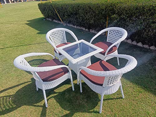 Image of Anaya Decor D-8 Chairs Table Set 4+1 Wicker Patio Furniture Sets 4 Chair and 1 Table with Cushions for Garden Balcony Bedroom Powder Coated Frame Uv Protected Wicker (Off White+Brown)