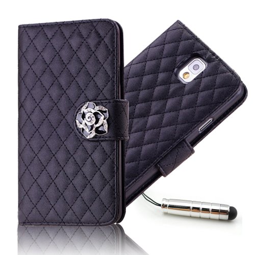 Uming Camelias Series Funda para Samsung Galaxy Note3 N9000 N9005 con Holder para señora elegante del brillo de Bling cristal brillante flor Folio PU de la carpeta del cuero de la flor del enrejado cuadrícula del tirón del bolso del La caja del teléfono Funda protectora de la cubierta protectora de la piel + 1PC enchufe anti del polvo - Black-flower