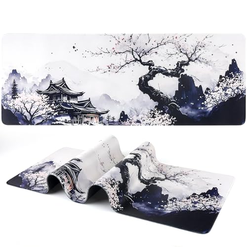 BOHJPIS Tapete de rato japonês com design de flor de cerejeira (31,5 × 11,8 × 0,12 polegadas) com bordas costuradas, base de borracha antiderrapante para casa, escritório, trabalho (flor de cerejeira)