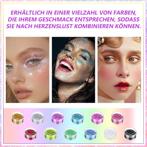 Funalix 12pcs Glitzerpulver Set, Glitzer Set Kinder,12 Farben Extra Feiner Glitzer, Nagelkunst, Körper Make-up, Basteln, Schleim, Karten & Kunsthandwerk - Schimmer für DIY-Projekte und Bühnenmake-up