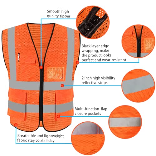 HYCOPROT Sicherheitswesten Warnweste Hohe Sichtbarkeit Reflektierendes Weste Executive Manager Jacke Zip 2 Band Brace (Orange-mesh, S)