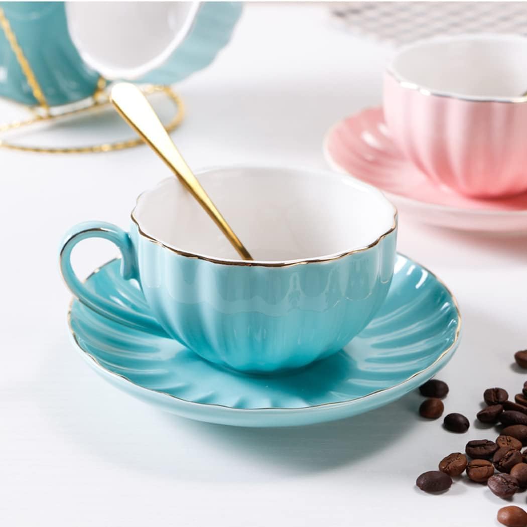 Coffee Cup,Tea Cups,Coffee Cup* Tea Cup and Saucer Set,Ceramic Coffee Tea Cup and Saucer Set Outline in Gold Set with Cup Holder and Spoon Ceramics Espresso Cups with Pre