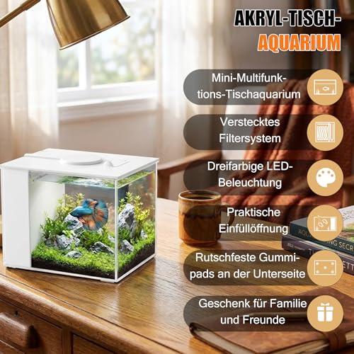 Vehipa 3,7L Kleines Betta Aquarium Komplettset, Nano Aquarium aus Acryl mit Filter, LED-Beleuchtung, Pumpe, ideal für kleine Fische, Garnelen und Pflanzen (Weiß)