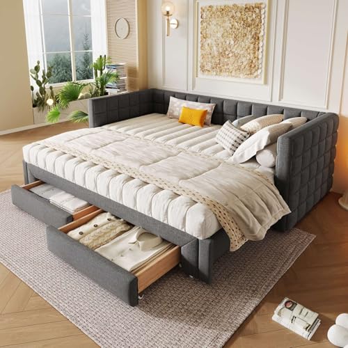 PUGSDRLY Canapé Lit Convertible 90/180x200cm avec 2 Tiroirs,canapé lit 2 Places Convertible Multifonctionnel,capitonné,sommier à Lattes,Tissu Velours,sans...