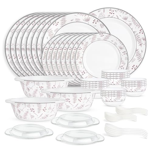 Image of Larah by Borosil 51pc Opalware Grandeur Dinner Set for Family of 8 | Microwave & Dishwasher Safe Crockery Set for Dining & Gifting | Plates & Bowls