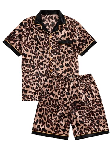 Men's 2 Piece Leopard Print Satin Pajama Sets Short Sleeve Button Up Shirt and Shorts Pjs Sleepwear Lounge Set