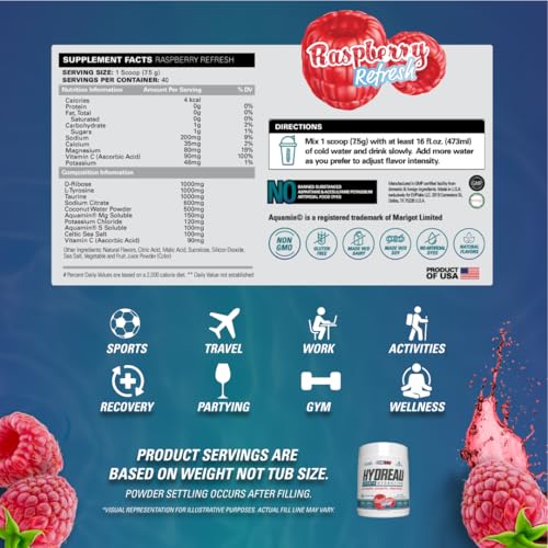 Image of EHP Labs Hydreau Electrolytes Powder No Sugar - Hydration Powder for Endurance & Energy - Electrolyte Powder for Men & Women - Sugar Free Electrolytes - Raspberry Refresh (40 Serves)