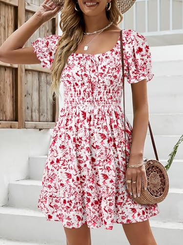 Image of Womens Babydoll Mini Dress Casual Square Neck Short Sleeve Summer Dresses | Empire Waist, Smocked, Flowy, Short Beach Dress, Vacation, Floral, Boho