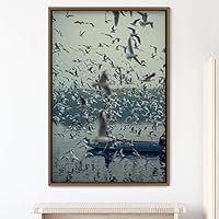 Framed Canvas Wall Art Flock of Birds Beach Birds Expressive Group Living Room Multicolor Photography - 16x24 inches