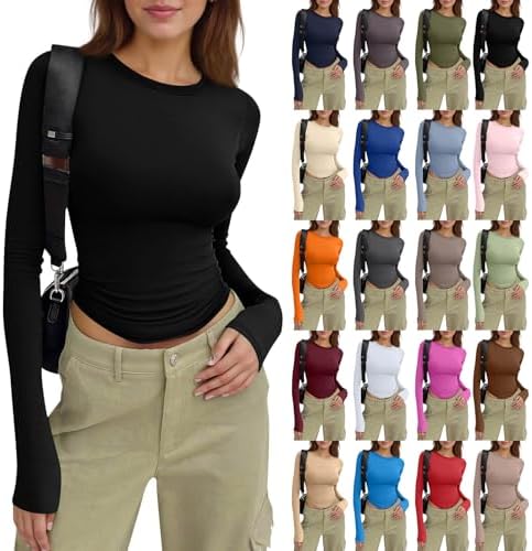 Womens Long Sleeve Tops Crop Y2k Cute Crew Neck Tunic Tops Gym Soft Casual Slim Fit Solid Lightweight Tshirts