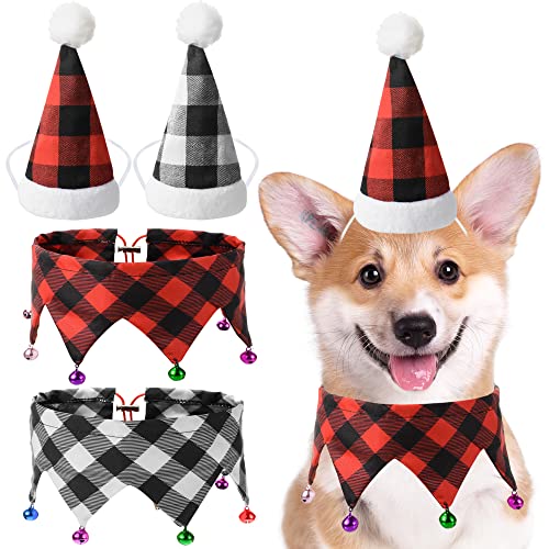 Peirich 4-teiliges Weihnachtshundekostümsets, Buffalo Plaid Christmas Pet Hat Bow Set verstellbar für Katzen und Hunde Weihnachtscosplay Cover