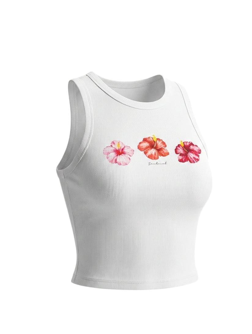 Women's Graphic Printed Ribbed Crop Top, White, Sleeveless, Stretchable Cotton, Casual Summer Wear-picture-33