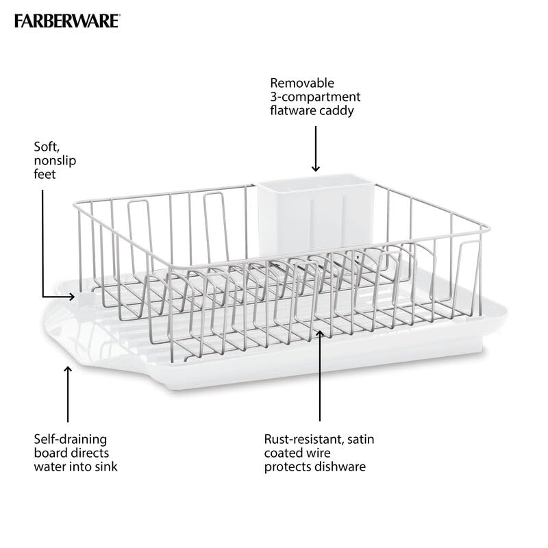 Image of Farberware Classic Large Rust Resistant Full Dishrack with Removable 3 Compartment Flatware Caddy, Andlged Drain Board, 3-Piece, White