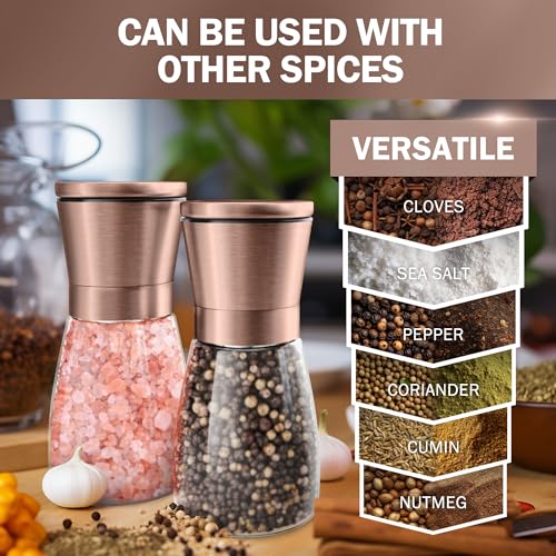 Image of Home EC Original Copper Salt and Pepper Grinder Set of 2 - Adjustable Ceramic Grinder - Glass Salt and Pepper Shakers With Funnel and Ebook - Kitchen Spice Mill - Copper Kitchen Accessories