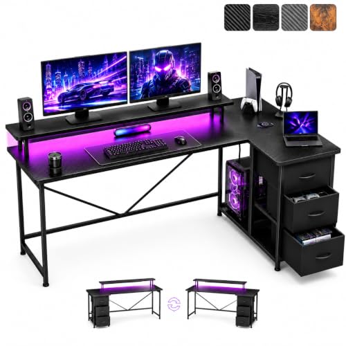 FURRIFIC Tipo de L Escritorio Gamer, Escritorio Minimalista con Cajón de Tela, Regleta, Regleta de luz y Soporte para Monitor