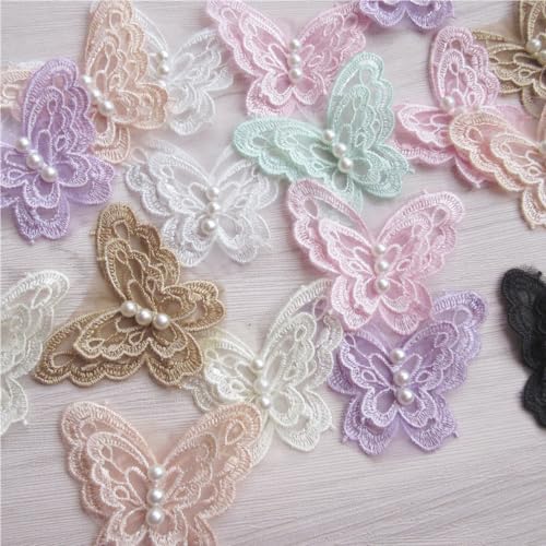 Qiuda SHK100 50Pcs 3D Butterfly Pearl Organza Polyester Lace Trimmings Embroidered Lace Ribbon Fabric Vintage Embroidery Applique Sewing Craft Patchwork Handmade Diy Wedding Dress Clothes Decoration thumb #2