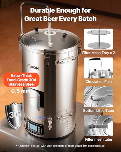 Image of VEVOR Beer Brewing Equipment, 16 Gal /60L Beer Maker with Anti-Burn Pump and Wort Chiller,3000W All-in-One Home Brewing Kit with Digital Control, Recipe Memory & Timer, Removable mesh strainer