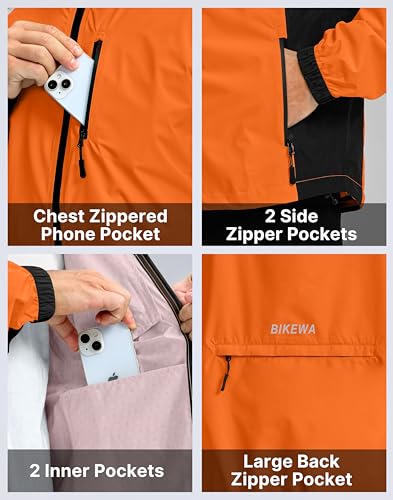 Image of Bikewa Men's Cycling Rain Jackets Waterproof Running Bike Windbreaker Lightweight Packable Hooded Jacket